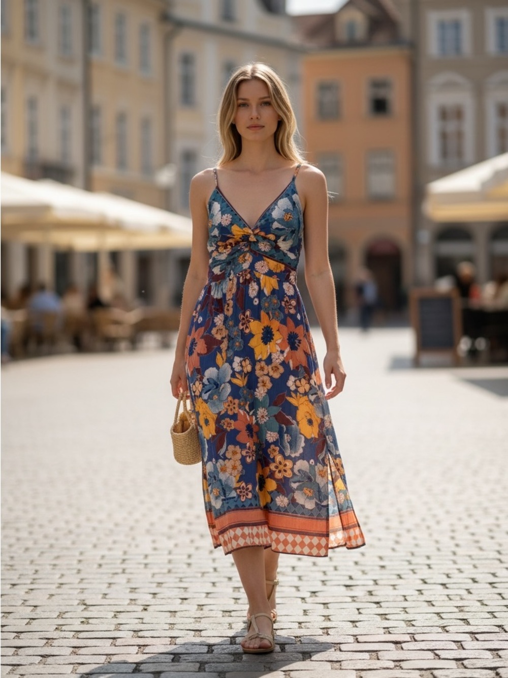 Angie Blue Floral Midi Dress with Yellow & Orange Blooms